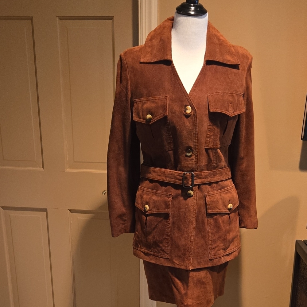 Brown Suede Skirt Suit. Hand Tailored. One Of A Kind. Double Stitched.